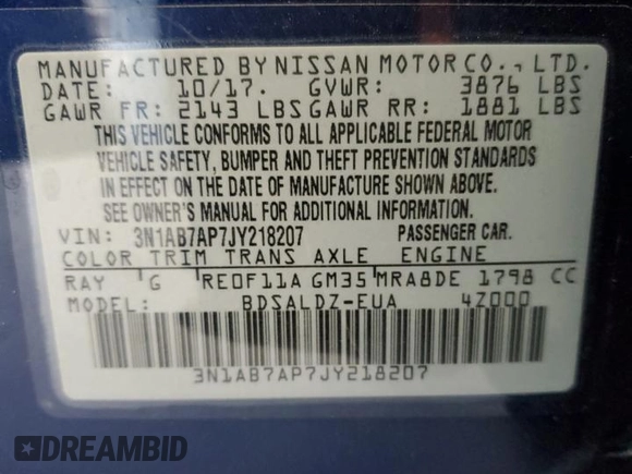 2018 Nissan Sentra SV z VIN 3N1AB7AP7JY218207, wystawiony jako Copart lot #56067335 z przebiegiem 40 733 mil mil oraz Szkoda całkowita • Salvage title. Historia ofert i sprzedaży dostępna na DreamBid. Obrazek 13.