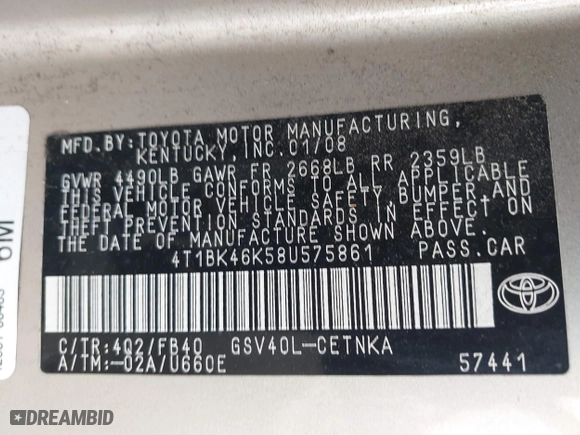 2008 Toyota Camry LE with VIN 4T1BK46K58U575861, listed as a IAAI auction lot 41685664 with 267,003 mi miles. Bid and sale history available at carsss.com. Image 9.