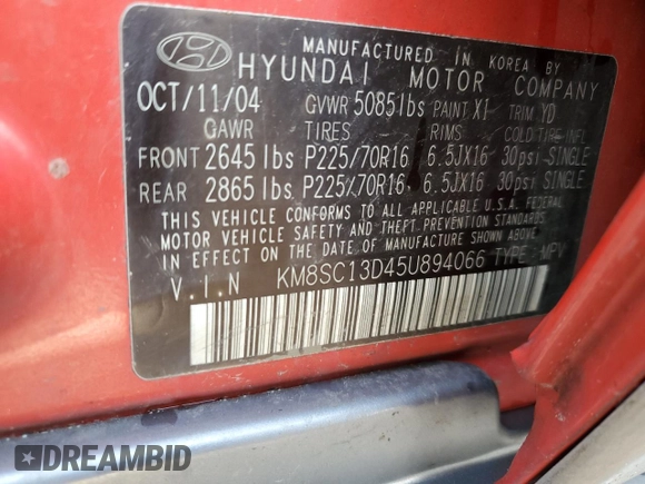 2005 Hyundai Santa Fe GLS with VIN KM8SC13D45U894066, listed as a Copart auction lot 53808385 with 122,880 mi miles and Salvage Title. Bid and sale history available at carsss.com. Image 13.