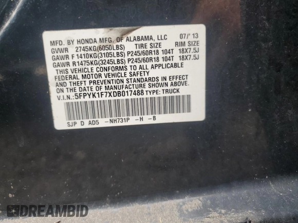 2013 Honda Ridgeline Sport with VIN 5FPYK1F7XDB017488, listed as a Copart auction lot 75591434 with 0 mi miles and Salvage Title. Bid and sale history available at carsss.com. Image 13.