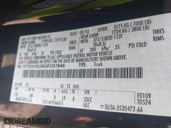 2016 Ford F-150 XLT with VIN 1FTEW1EG9GFD57846, listed as a IAAI auction lot 42393903 with 66,484 mi miles and . Bid and sale history available at DreamBid. Image 9.