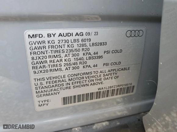 2024 Audi Q4 e-tron Premium Plus with VIN WA1L2BFZ3RP018516, listed as a Copart auction lot 74296914 with 0 mi miles and Non Repairable. Bid and sale history available at carsss.com. Image 14.