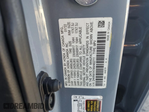2022 Honda CR-V Special Edition with VIN 2HKRW1H74NH402711, listed as a Copart auction lot 89016115 with 70,327 mi miles and Salvage Title. Bid and sale history available at carsss.com. Image 16.