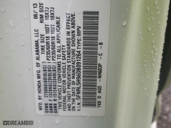 2013 Honda Odyssey Touring with VIN 5FNRL5H96DB091264, listed as a Copart auction lot 44904045 with 0 mi miles and Salvage Title. Bid and sale history available at carsss.com. Image 13.