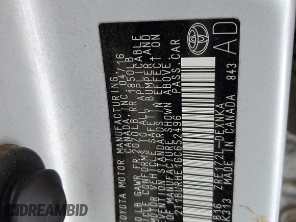 2016 Toyota Corolla L with VIN 2T1BURHE1GC652496, listed as a Copart auction lot 45152435 with Not Provided miles and Salvage Title. Bid and sale history available at DreamBid. Image 15.