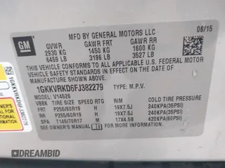 2015 GMC Acadia SLT with VIN 1GKKVRKD6FJ382279, listed as a IAAI auction lot 42165910 with 113,952 mi miles. Bid and sale history available at carsss.com. Image 9.