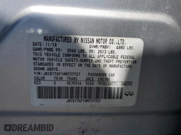 2017 Infiniti Q50 Sport with VIN JN1EV7AP1HM737727, listed as a Copart auction lot 66002305 with 116,982 mi miles and Clean title. Bid and sale history available at DreamBid. Image 12.