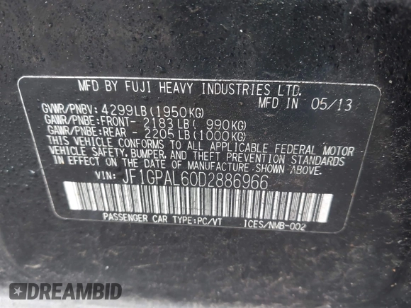 2013 Subaru Impreza Special Sports Premium с VIN JF1GPAL60D2886966, выставлен на аукционе IAAI как лот 42515202 с пробегом 129 305 миль миль и . История ставок и продаж доступна на DreamBid. Изображение 9.