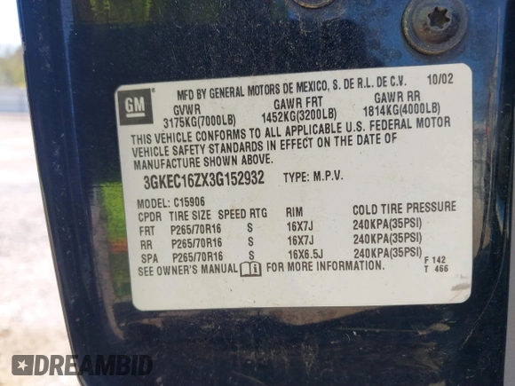 2003 GMC Yukon XL SLT z VIN 3GKEC16ZX3G152932, wystawiony jako IAAI lot #41835162 z przebiegiem 264 470 mil mil oraz . Historia ofert i sprzedaży dostępna na DreamBid. Obrazek 9.
