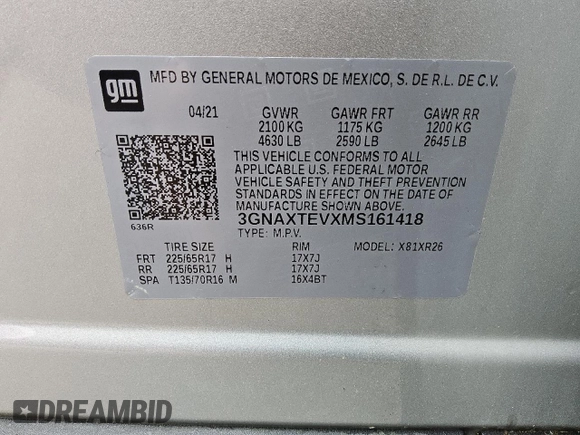 2021 Chevrolet Equinox LT with VIN 3GNAXTEVXMS161418, listed as a Copart auction lot 57160895 with 150,466 mi miles and Clean title. Bid and sale history available at DreamBid. Image 13.