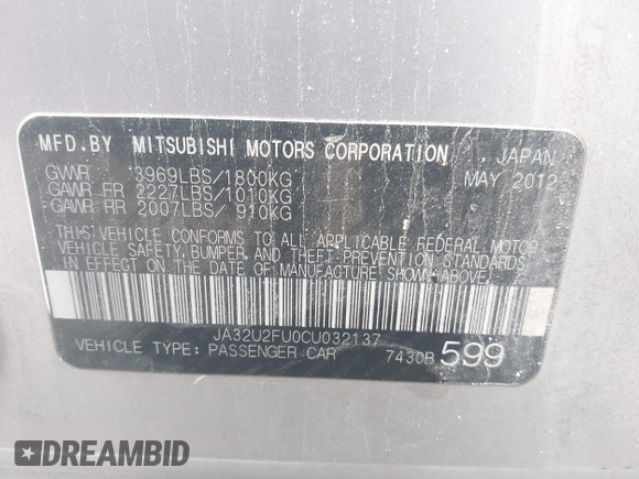 2012 Mitsubishi Lancer ES with VIN JA32U2FU0CU032137, listed as a IAAI auction lot 41435033 with 177,811 mi miles. Bid and sale history available at carsss.com. Image 9.