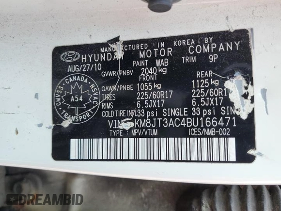 2011 Hyundai Tucson GL with VIN KM8JT3AC4BU166471, listed as a Copart auction lot 59549205 with 309,635 mi miles and Clean title. Bid and sale history available at DreamBid. Image 13.