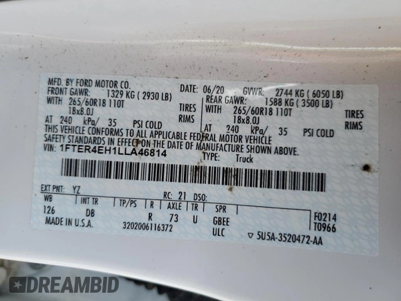 2020 Ford Ranger XL with VIN 1FTER4EH1LLA46814, listed as a Copart auction lot 48882685 with 37,476 mi miles and Salvage title. Bid and sale history available at DreamBid. Image 12.