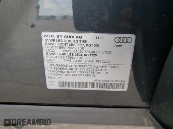 2019 Audi e-tron Premium Plus with VIN WA1LAAGE7KB024699, listed as a Copart auction lot 53759883 with 19,340 mi miles. Bid and sale history available at carsss.com. Image 14.