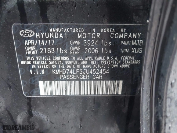 2018 Hyundai Elantra SE with VIN KMHD74LF3JU452454, listed as a IAAI auction lot 41827989 with 171,272 mi miles. Bid and sale history available at carsss.com. Image 9.