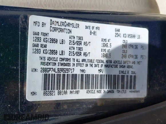 2002 Dodge Caravan EX z VIN 2B8GP74L92R529717, wystawiony jako IAAI lot #42478226 z przebiegiem Nie podano mil oraz . Historia ofert i sprzedaży dostępna na DreamBid. Obrazek 9.