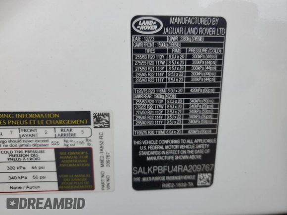 2024 Land Rover Range Rover SE with VIN SALKPBFU4RA209767, listed as a Copart auction lot 55828995 with 15,212 mi miles and Salvage title. Bid and sale history available at DreamBid. Image 14.