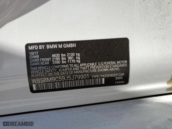 2018 BMW M3 with VIN WBS8M9C59J5J79901, listed as a Copart auction lot 79858224 with 35,555 mi miles and Salvage Title. Bid and sale history available at carsss.com. Image 13.