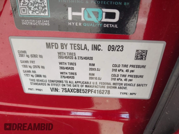 2023 Tesla Model X with VIN 7SAXCBE52PF416278, listed as a IAAI auction lot 42066747 with Not Provided miles and . Bid and sale history available at DreamBid. Image 9.