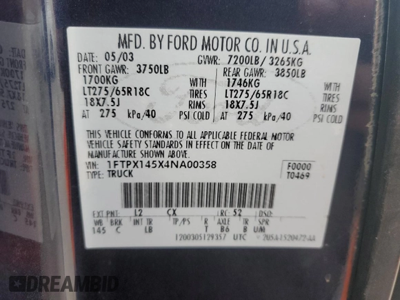 2004 Ford F-150 XLT с VIN 1FTPX145X4NA00358, выставлен на аукционе Copart как лот 49691235 с пробегом 210 711 миль миль и Списание • Salvage title. История ставок и продаж доступна на DreamBid. Изображение 14.