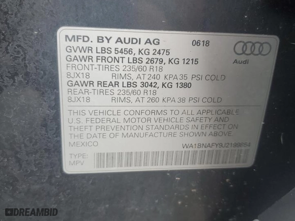 2018 Audi Q5 Premium Plus with VIN WA1BNAFY9J2199854, listed as a Copart auction lot 52593175 with 187,596 mi miles and Clean Title. Bid and sale history available at carsss.com. Image 13.