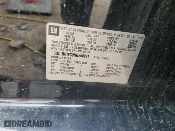 2017 Chevrolet Silverado 1500 LT with VIN 3GCUKREC0HG260991, listed as a Copart auction lot 52079185 with 108,920 mi miles and Clean Title. Bid and sale history available at DreamBid. Image 12.