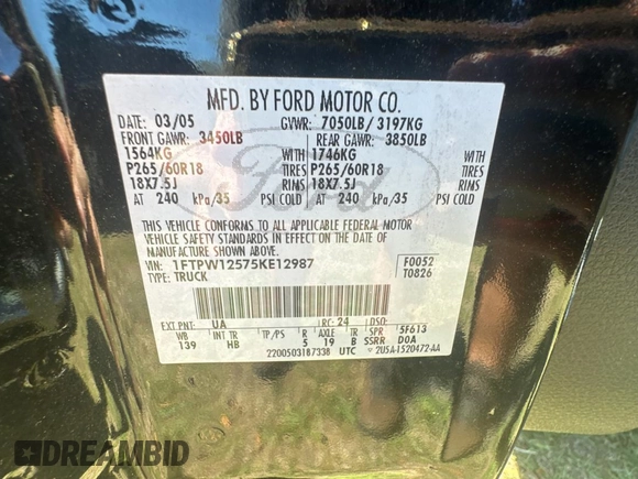 2005 Ford F-150 XLT with VIN 1FTPW12575KE12987, listed as a Copart auction lot 48539135 with 217,115 mi miles and Salvage Title. Bid and sale history available at carsss.com. Image 10.
