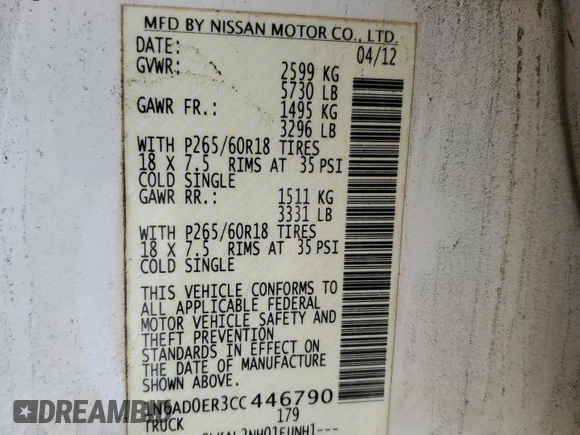 2012 Nissan Frontier SL with VIN 1N6AD0ER3CC446790, listed as a Copart auction lot 48151535 with 141,575 mi miles and Salvage title. Bid and sale history available at DreamBid. Image 12.