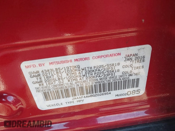 2016 Mitsubishi Outlander Sport 2.4 SEL with VIN JA4AP4AW8GZ026954, listed as a IAAI auction lot 41664158 with 103,103 mi miles. Bid and sale history available at carsss.com. Image 9.