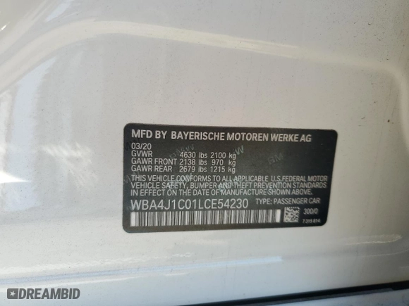 2020 BMW 4 Series 430i with VIN WBA4J1C01LCE54230, listed as a Copart auction lot 87542215 with 57,473 mi miles and Non Repairable. Bid and sale history available at carsss.com. Image 14.