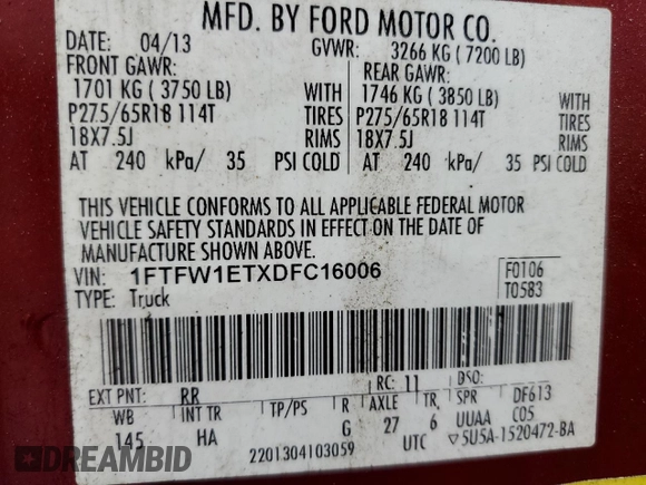 2013 Ford F-150 XL with VIN 1FTFW1ETXDFC16006, listed as a Copart auction lot 48343895 with 107,643 mi miles and Salvage Title. Bid and sale history available at carsss.com. Image 12.