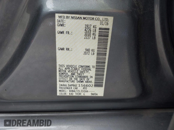2016 Nissan Altima SR with VIN 1N4AL3AP6GC156602, listed as a IAAI auction lot 42205423 with 169,967 mi miles and . Bid and sale history available at DreamBid. Image 9.