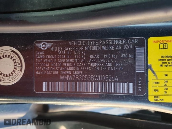 2011 MINI Countryman with VIN WMWZB3C53BWH95264, listed as a Copart auction lot 52238255 with 130,031 mi miles and Salvage Title. Bid and sale history available at DreamBid. Image 15.
