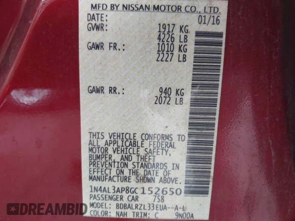 2016 Nissan Altima SV with VIN 1N4AL3AP8GC152650, listed as a IAAI auction lot 40471606 with 146,602 mi miles and . Bid and sale history available at DreamBid. Image 9.