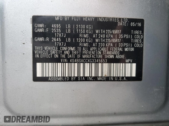 2016 Subaru Outback Premium с VIN 4S4BSACCXG3345653, выставлен на аукционе Copart как лот 62395515 с пробегом 130 125 миль миль и Списание • Salvage title. История ставок и продаж доступна на DreamBid. Изображение 13.