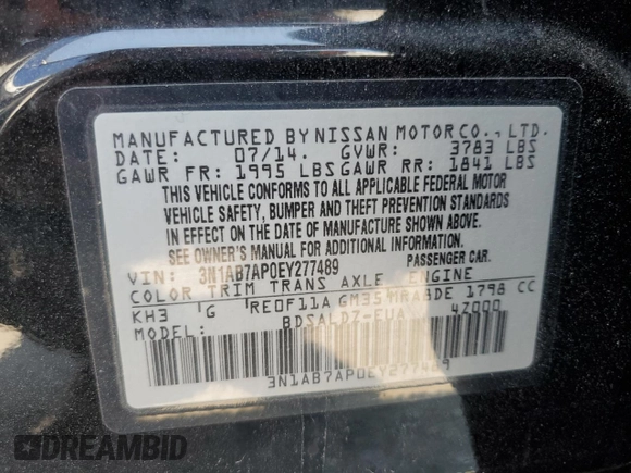 2014 Nissan Sentra S with VIN 3N1AB7AP0EY277489, listed as a Copart auction lot 63911854 with 110,650 mi miles and Salvage Title. Bid and sale history available at DreamBid. Image 13.