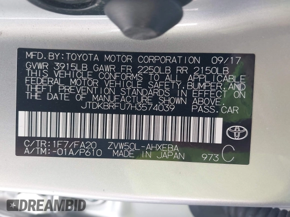 2017 Toyota Prius Two with VIN JTDKBRFU7H3574039, listed as a IAAI auction lot 42410071 with 101,080 mi miles and . Bid and sale history available at DreamBid. Image 9.