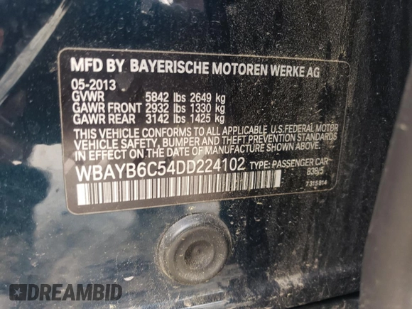2013 BMW 7 Series 750i xDrive with VIN WBAYB6C54DD224102, listed as a Copart auction lot 60791495 with 126,218 mi miles and Clean title. Bid and sale history available at DreamBid. Image 12.