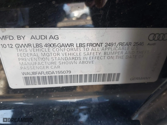 2013 Audi A4 Premium with VIN WAUBFAFL6DA155079, listed as a IAAI auction lot 41017382 with 77,149 mi miles. Bid and sale history available at carsss.com. Image 9.