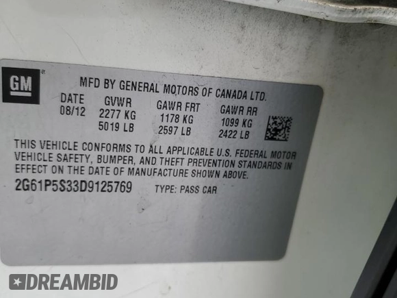 2013 Cadillac XTS Luxury with VIN 2G61P5S33D9125769, listed as a Copart auction lot 59671015 with 143,583 mi miles and Salvage title. Bid and sale history available at DreamBid. Image 12.
