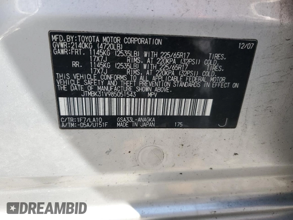 2008 Toyota RAV4 Limited with VIN JTMBK31V985051543, listed as a Copart auction lot 61755855 with 124,868 mi miles and Salvage title. Bid and sale history available at DreamBid. Image 13.