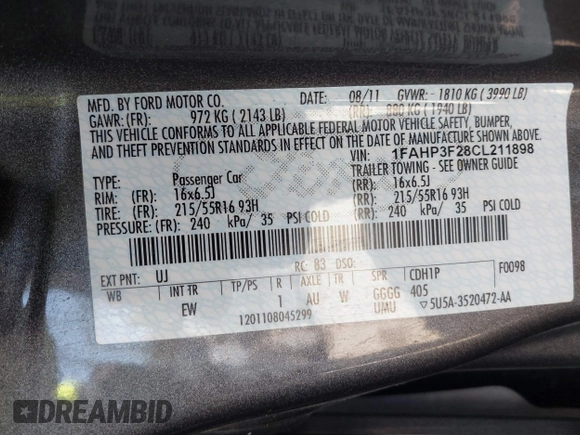 2012 Ford Focus SE with VIN 1FAHP3F28CL211898, listed as a IAAI auction lot 42466544 with 142,933 mi miles and . Bid and sale history available at DreamBid. Image 9.