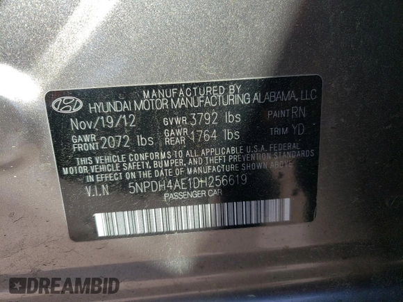 2013 Hyundai Elantra GLS z VIN 5NPDH4AE1DH256619, wystawiony jako Copart lot #50624295 z przebiegiem 99 006 mil mil oraz Szkoda całkowita • Salvage title. Historia ofert i sprzedaży dostępna na DreamBid. Obrazek 13.