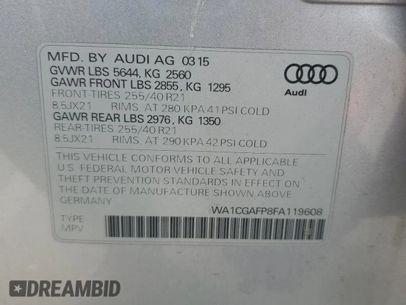 2015 Audi SQ5 Premium Plus with VIN WA1CGAFP8FA119608, listed as a Copart auction lot 75523853 with 91,171 mi miles. Bid and sale history available at carsss.com. Image 12.