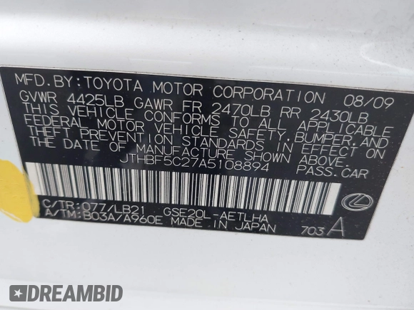 2010 Lexus IS 250 with VIN JTHBF5C27A5108894, listed as a IAAI auction lot 42481051 with 237,430 mi miles and . Bid and sale history available at DreamBid. Image 9.