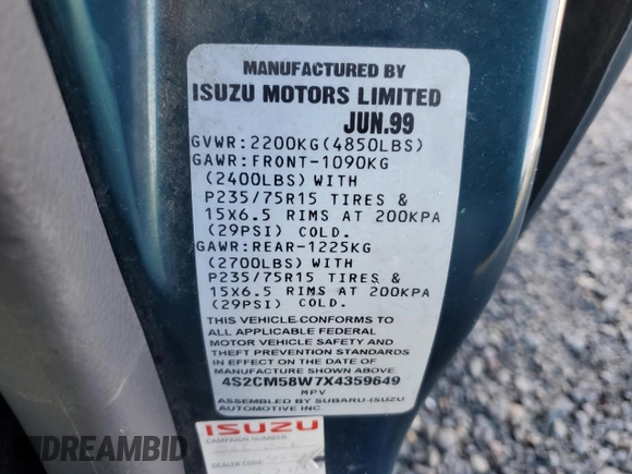 1999 Isuzu Rodeo S with VIN 4S2CM58W7X4359649, listed as a Copart auction lot 83450174 with 171,940 mi miles and Salvage title. Bid and sale history available at DreamBid. Image 14.