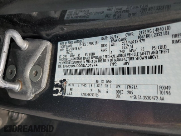 2016 Ford Escape Titanium with VIN 1FMCU9J90GUA01974, listed as a Copart auction lot 60376265 with 177,384 mi miles and Salvage title. Bid and sale history available at DreamBid. Image 13.