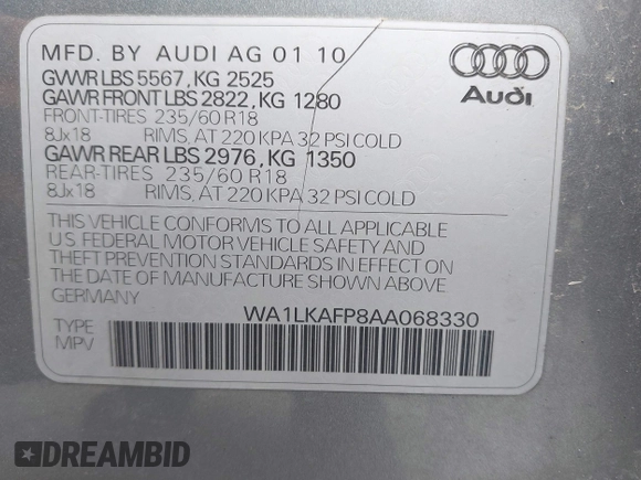 2010 Audi Q5 Premium Plus z VIN WA1LKAFP8AA068330, wystawiony jako IAAI lot #42417289 z przebiegiem 129 880 mil mil oraz . Historia ofert i sprzedaży dostępna na DreamBid. Obrazek 9.