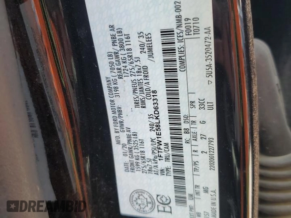 2020 Ford F-150 XL z VIN 1FTFW1E58LKD63318, wystawiony jako Copart lot #55395315 z przebiegiem 93 096 mil mil oraz Szkoda całkowita • Salvage title. Historia ofert i sprzedaży dostępna na DreamBid. Obrazek 12.