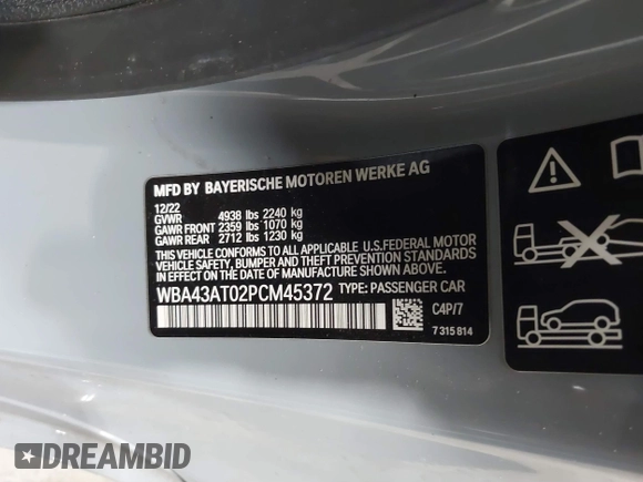 2023 BMW 4 Series 430i xDrive with VIN WBA43AT02PCM45372, listed as a IAAI auction lot 41736410 with 16,695 mi miles and . Bid and sale history available at DreamBid. Image 9.